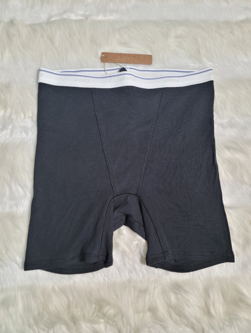 SKIMS Cotton Rib Front Fly Boxer Shorts Black Soot Sport Stripe Women Small NEW